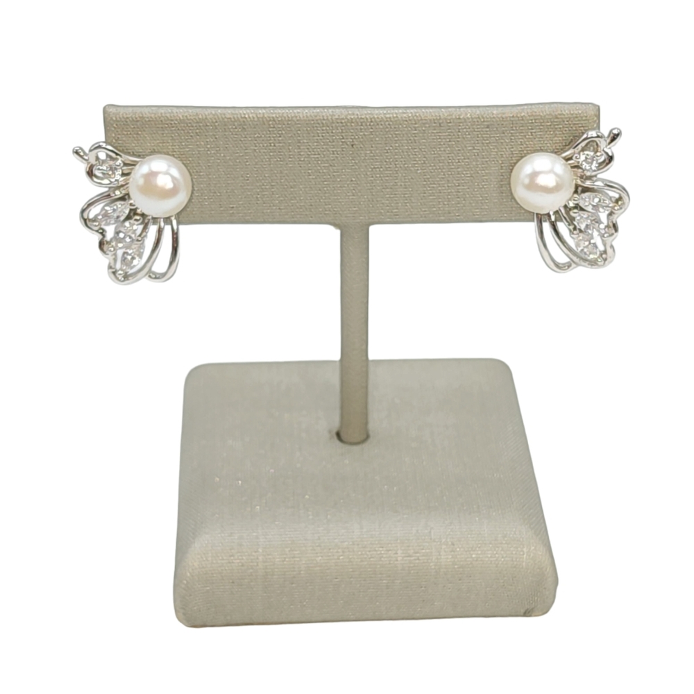925 Sterling Silver White Cultured Freshwater Pearl Stud‎ Butterfly Earrings NEW